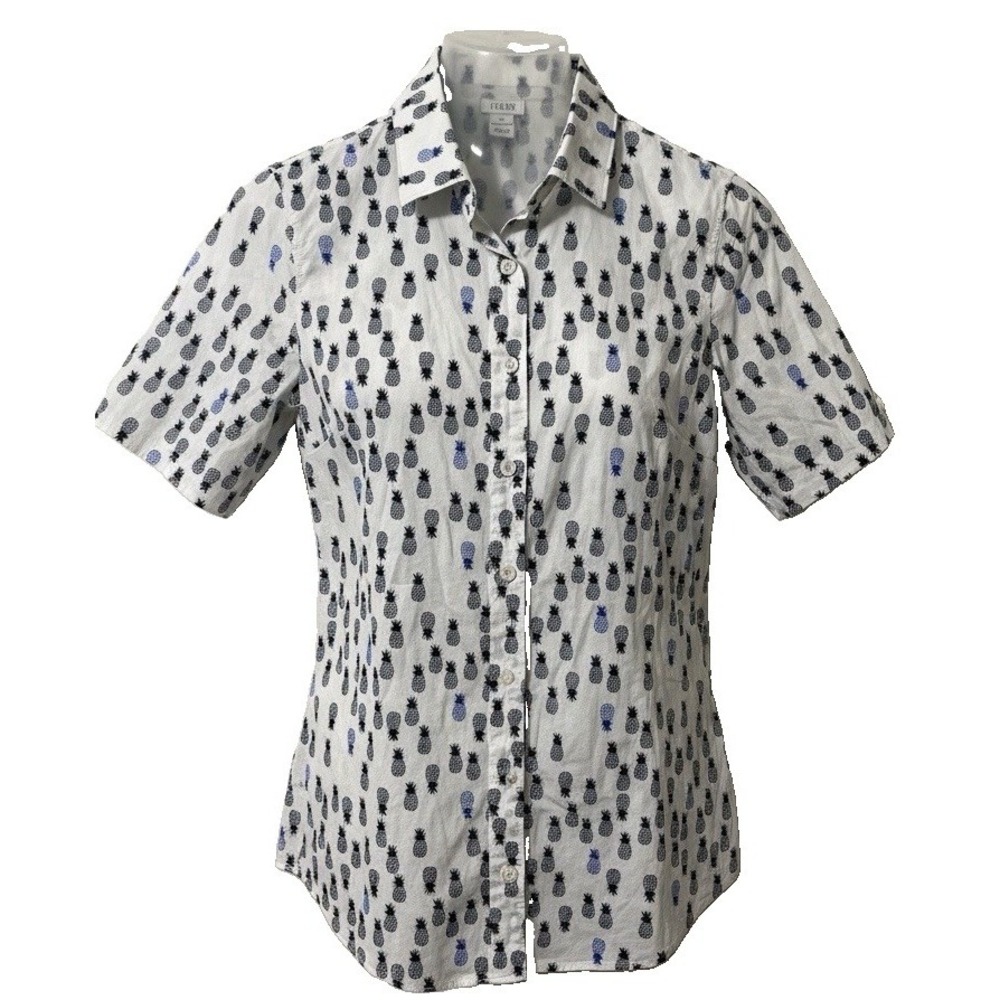 J.Crew Women's Top XS Short Sleeve White Black Blue Mini Pineapple Tropical Airy
